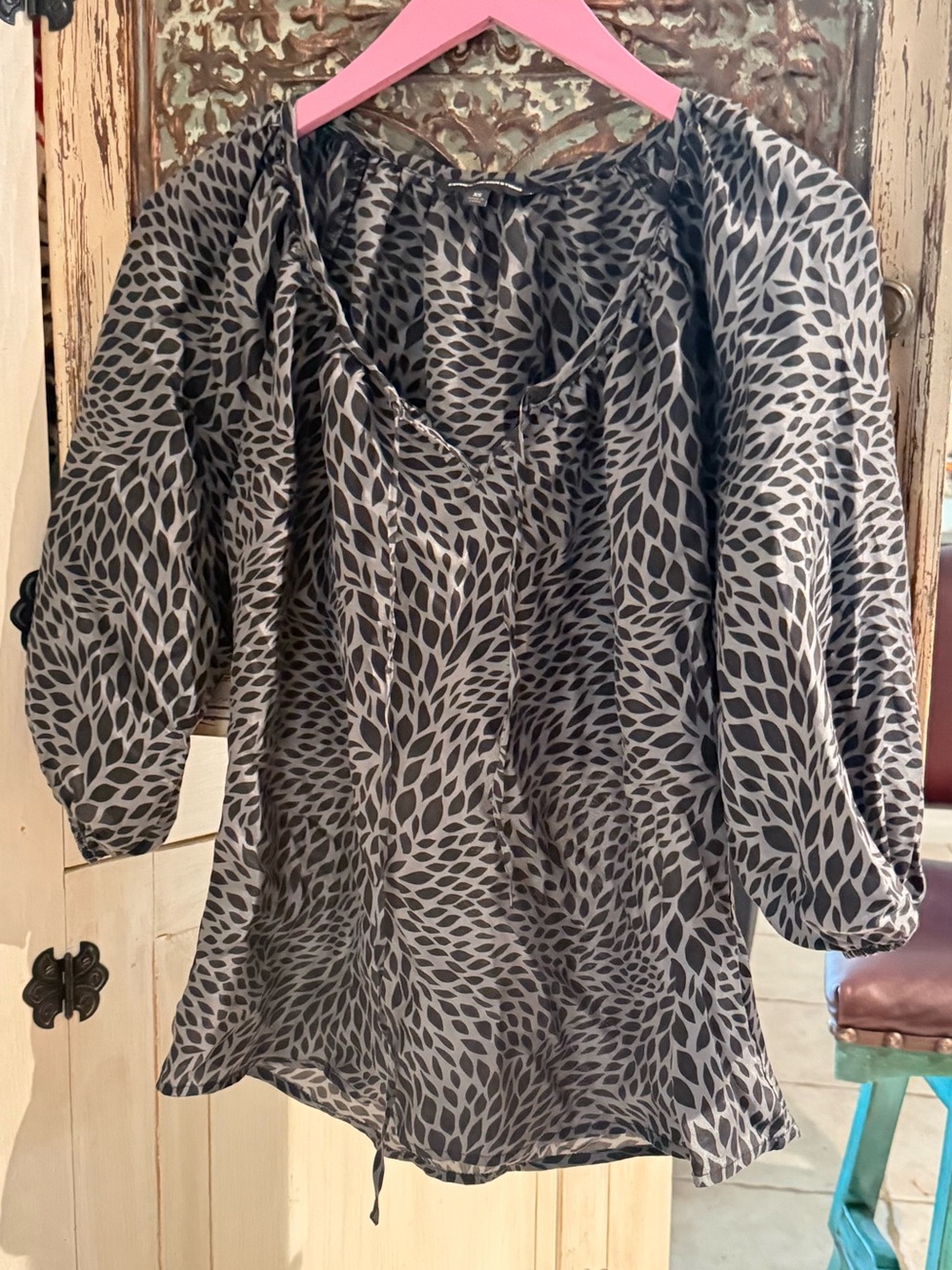 Express Black and Gray Printed Peasant Blouse